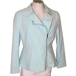Office Siren Blue Gingham Women Blazer Seersucker Peplum Moto Jacket MEDIUM Larg